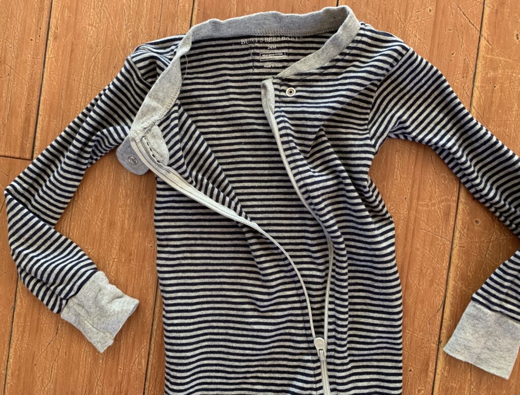 Burt's Bees Zip Front Snug Fit Footed Pajamas Onsie Grey and Navy Stripe