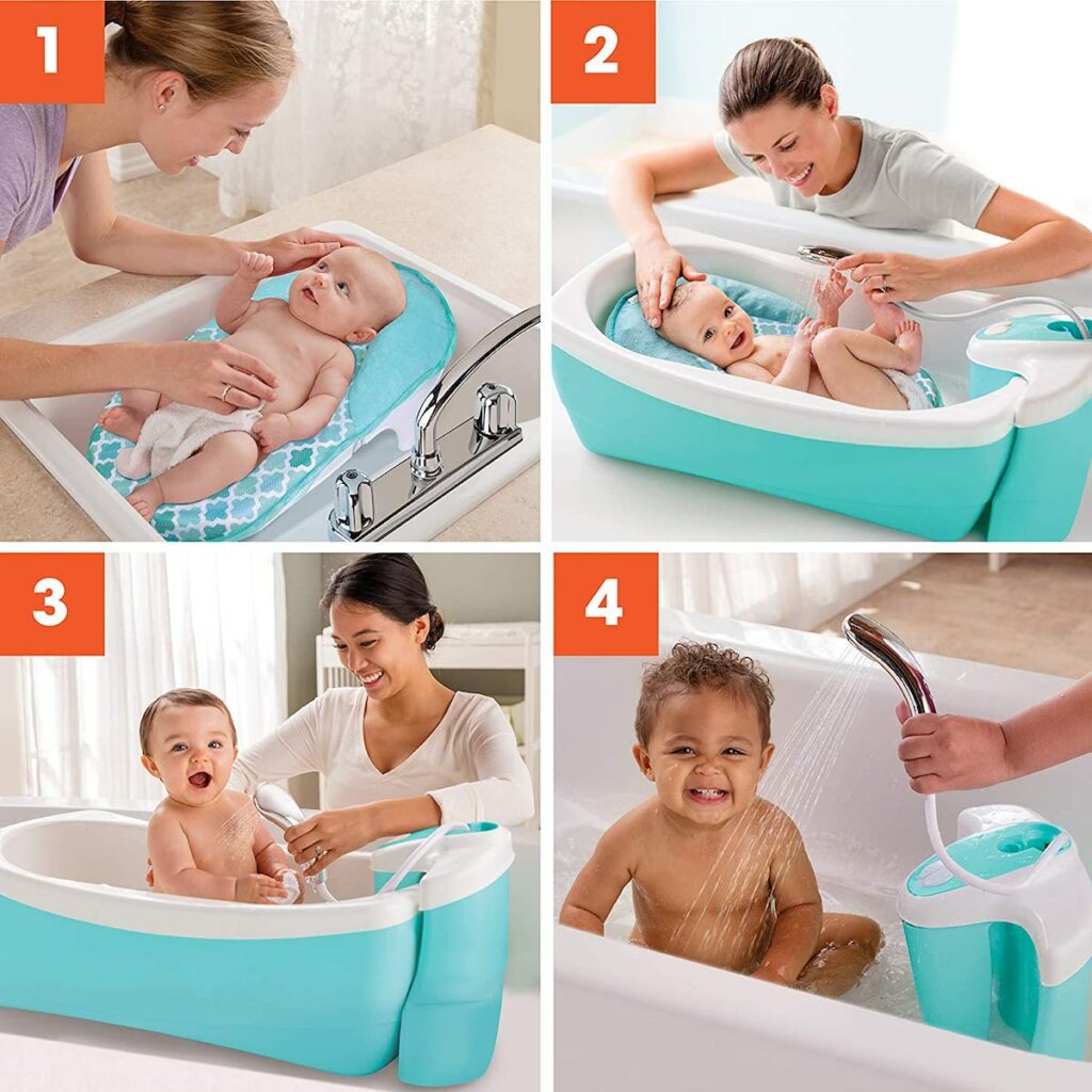 Summer Lil Luxuries Whirlpool Bubbling Spa & Shower Luxurious Baby Bathtub with Circulating Water Jets Deluxe Newborn Sling and Clean Rinse Shower Unit