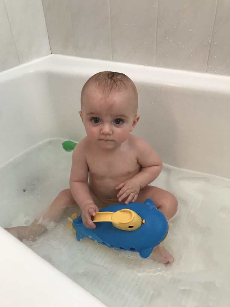 9 month old taking first bath without baby tub