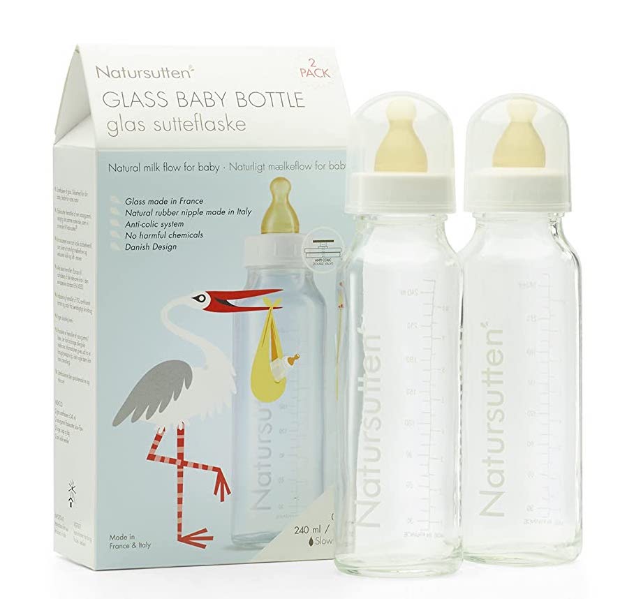 Natursutten 2 Pack Glass Baby Bottle Anti-Colic with Natural Rubber teat Nipple made in Italy EU