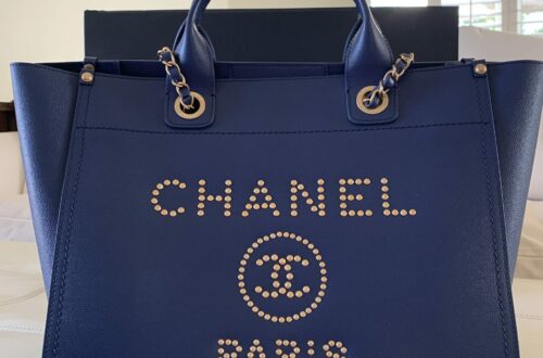 Authentic Chanel Caviar Leather Navy Blue Studded Deauville Small Tote in Navy Blue Details and Review