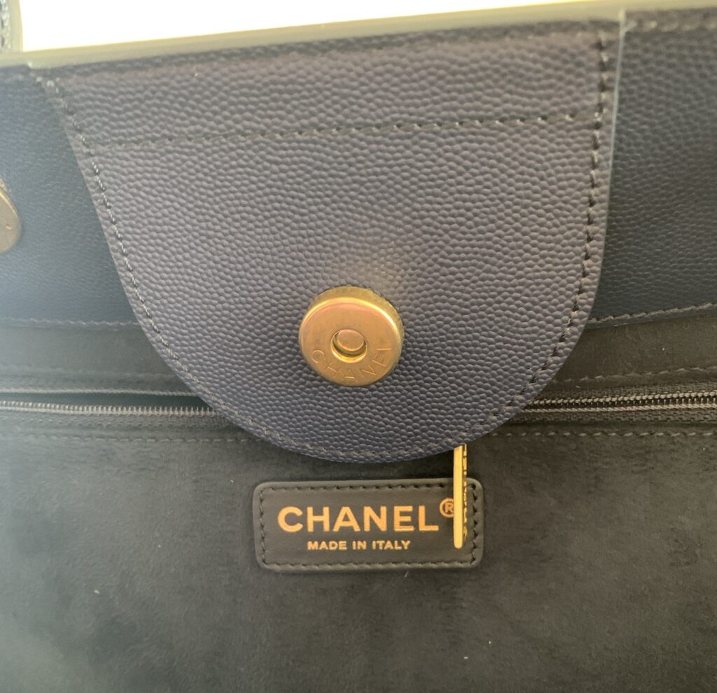 Chanel Deauville Tote Bag Review Interior Close up of The Made in Italy Gold Stamp Tag