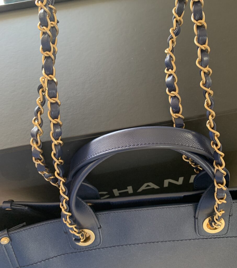 Chanel Deauville Caviar Leather Studded Tote in Navy Gold Woven Chain Details