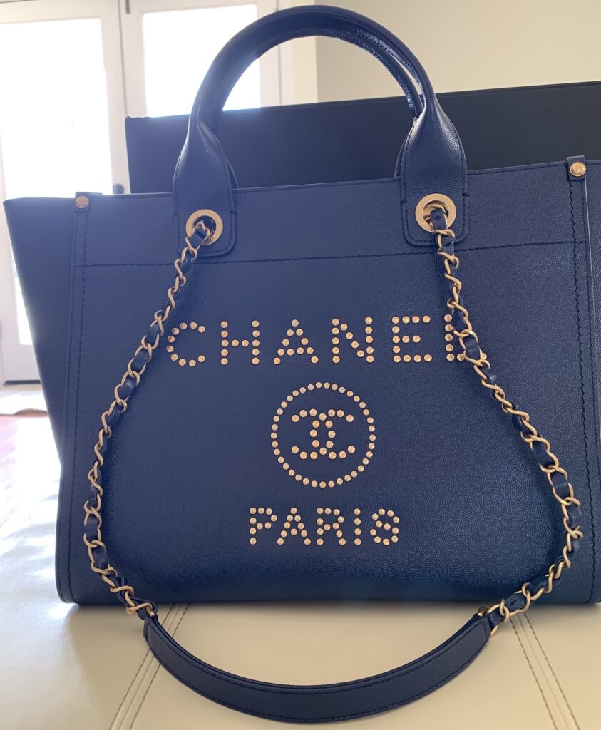 Exterior of the Chanel Deauville Tote Bag in Navy Caviar Leather with Studs