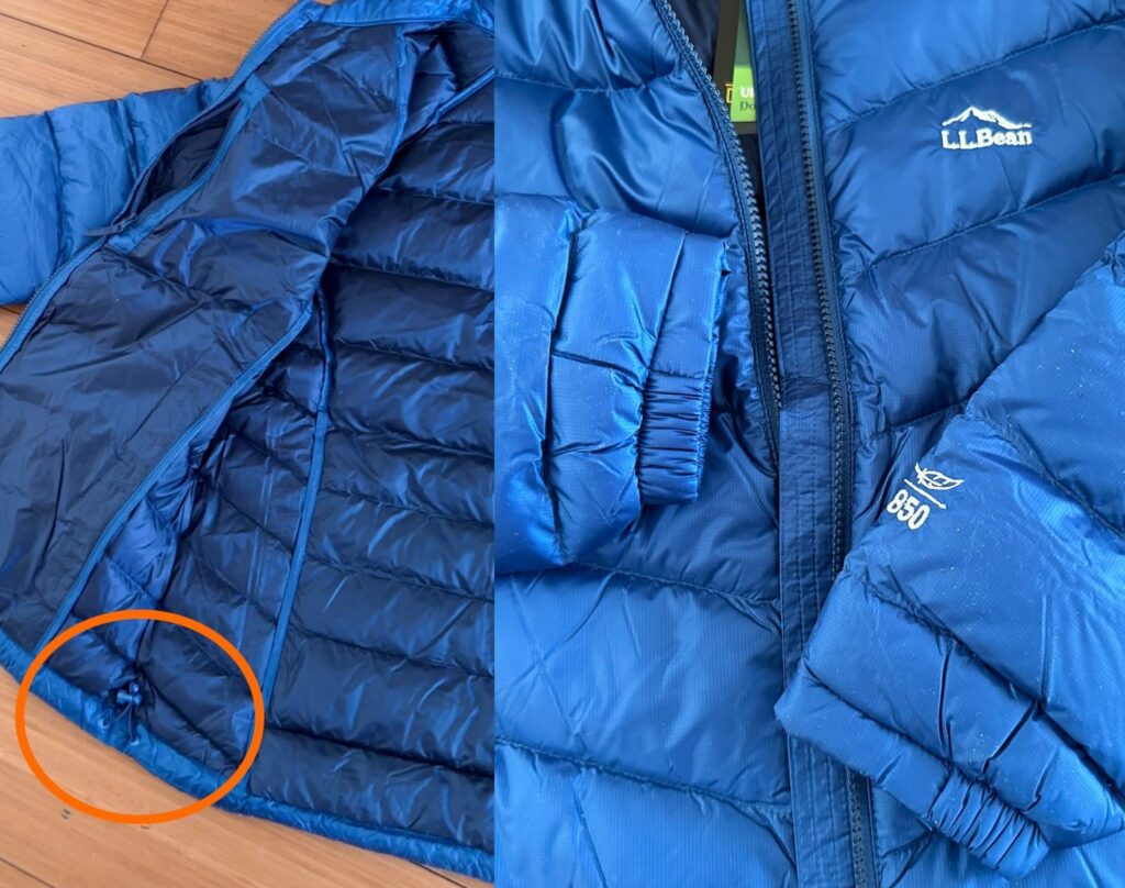 LL Bean Ultralight 850 Down Jacket in petite size small features elastic at the wrist / arm openings and a draw cord at the hem to keep cold wind out
