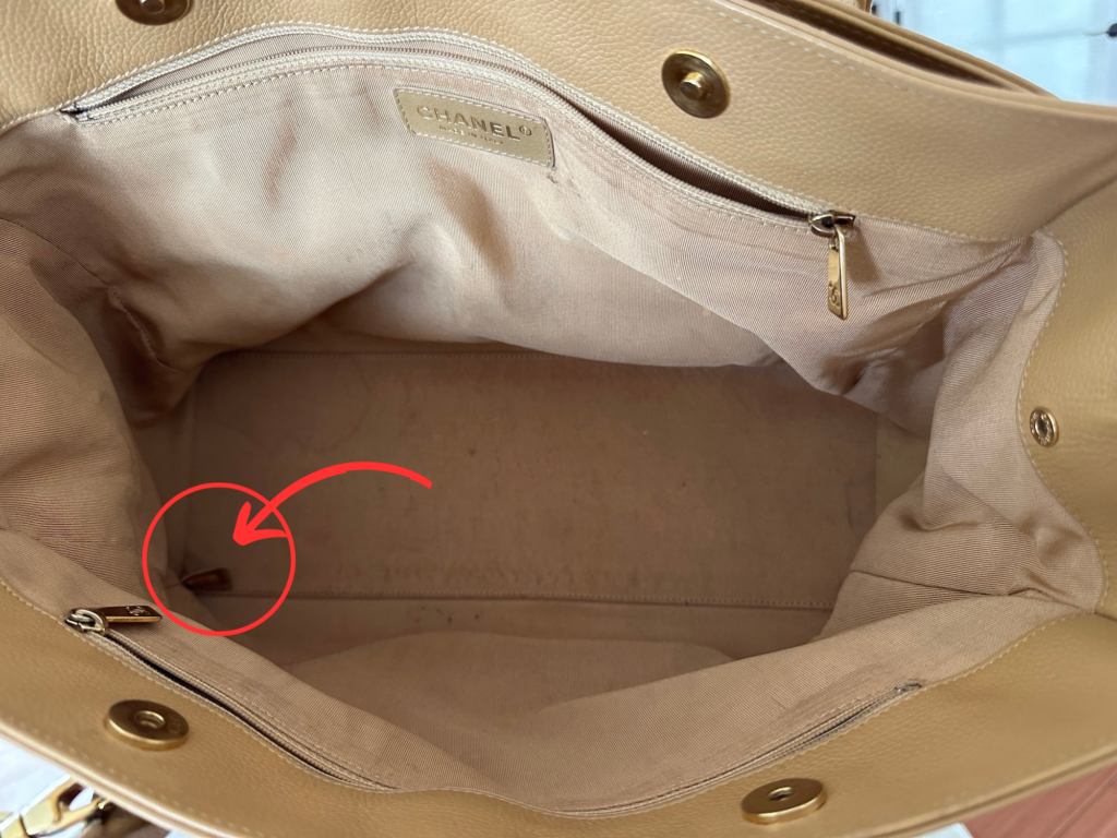 Where is the Chanel Serial Number Located? See this photo for details of where to look on a Vintage Chanel Executive Cerf Tote Handbag