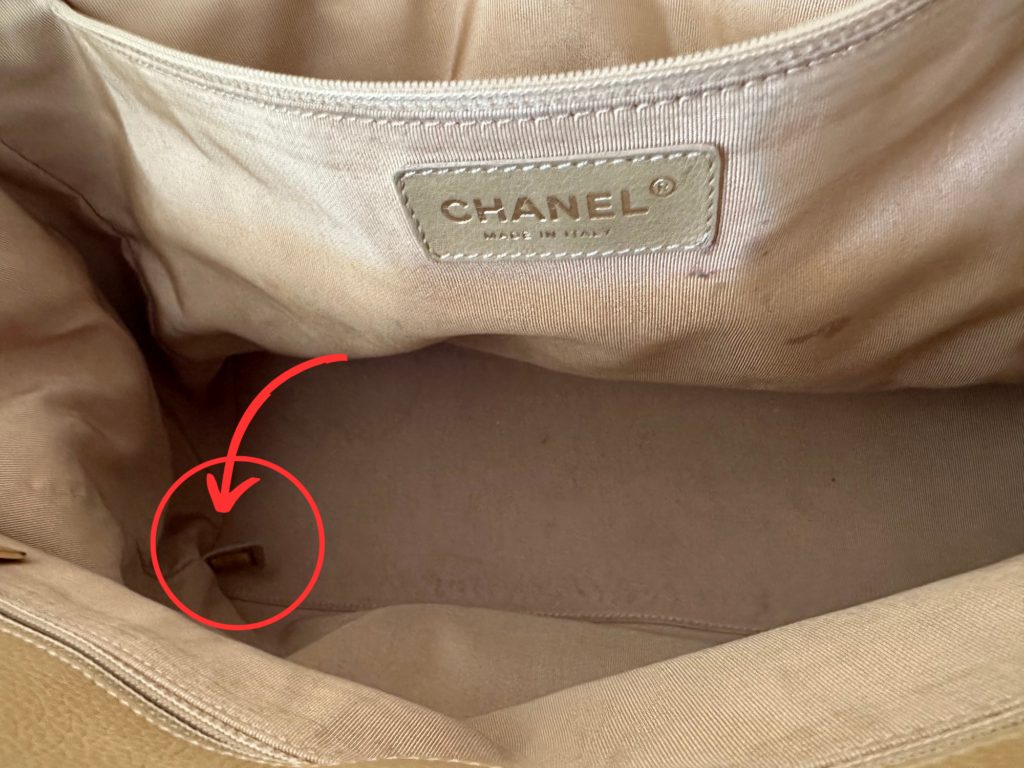 Photo of placement of the Chanel Serial Number Tag inside the Vintage Executive Cerf Tote Hand Bag