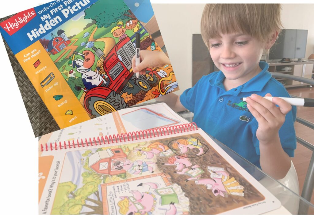Want to Keep you Kindergartener Busy while you WFH / Work Remotely ? Try this oldie but goodie HIGHLIGHTS Kids Magazine Dry Erase Board Hidden Pictures Spiral Bound Book