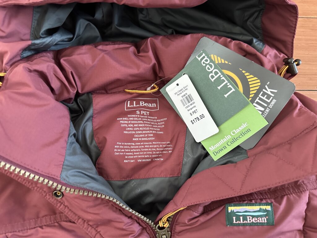 LL Bean Petite Mountain Classic Down Collection Coat in size S PET Tags when this cost $179.00 now with inflation it is $199.00 probably costs more as years go by