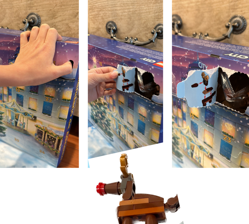 Opening the lego city advent calendar door. It is a perforated flap with the day number on the front and the instructions on the back. All pieces come in a plastic bag.