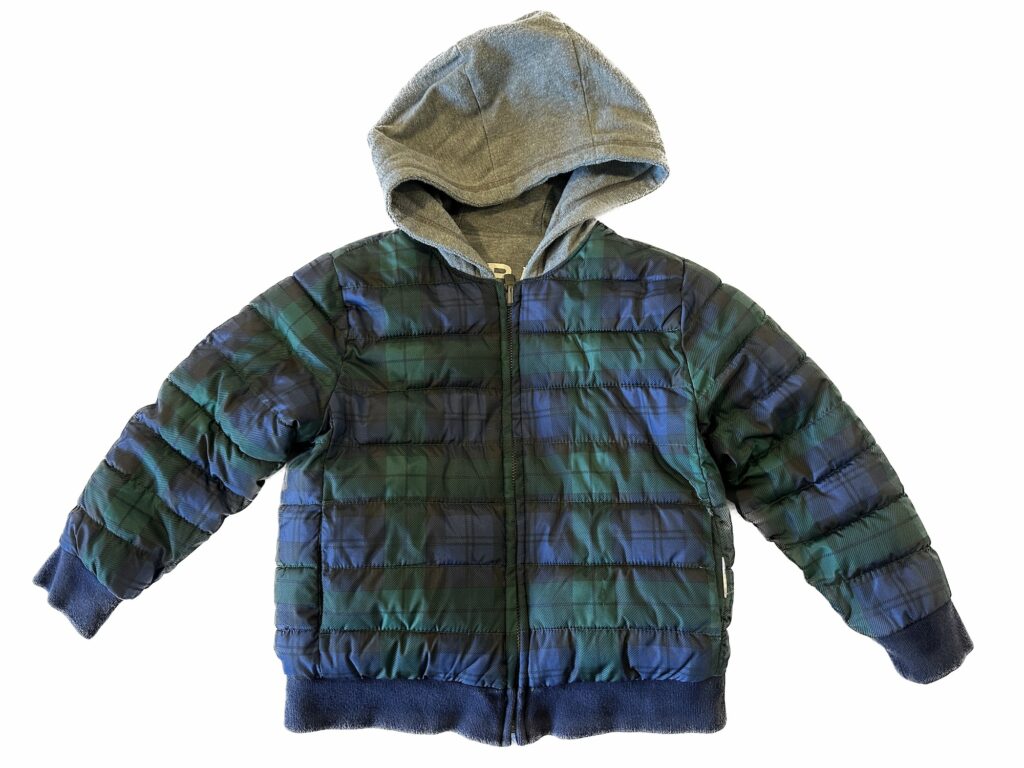 The Gap x Sarah Jessica Parker SJP Plaid Puffer Jacket with Hood in Blue and green print