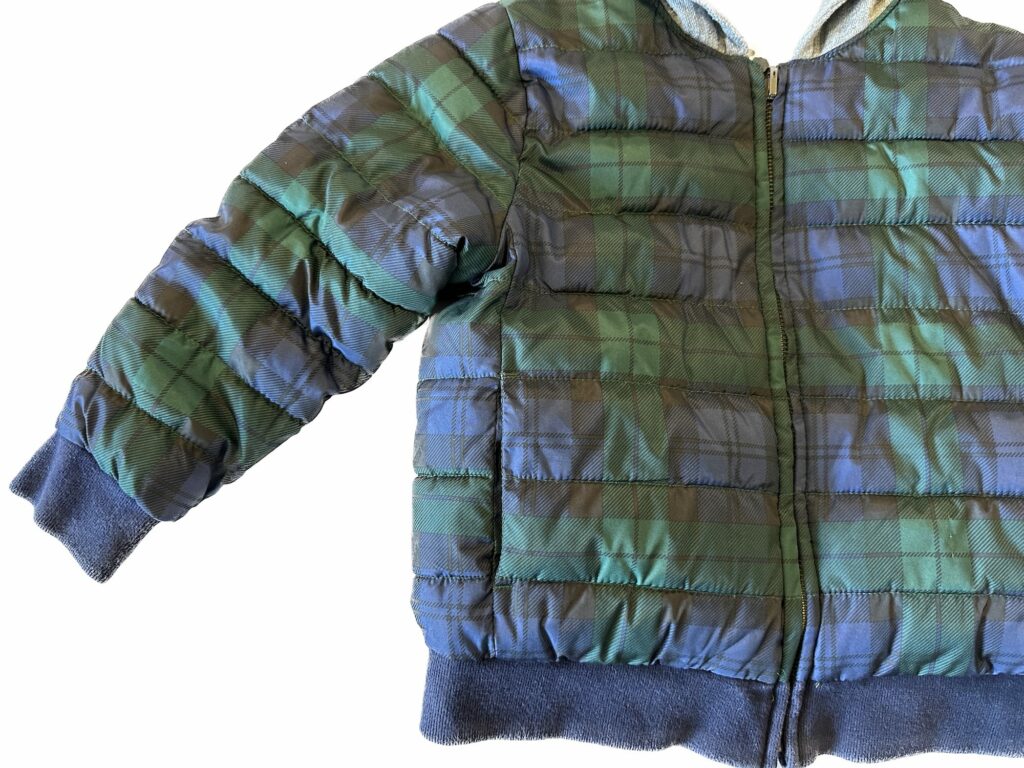 The GAP Fully Reversible Green and Navy Blue Checkered Plaid Puffer Coat by Sarah Jessica Parker