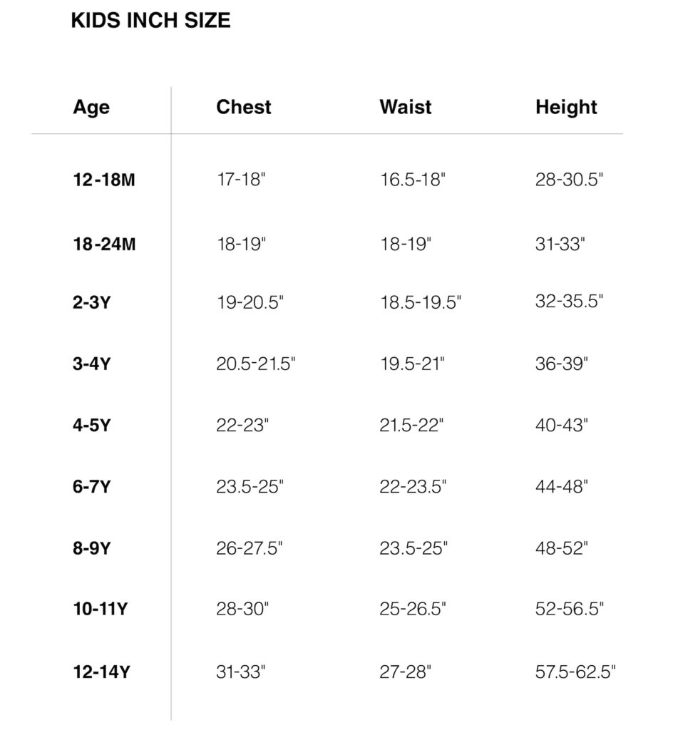 Nununu Kids Size Chart in Inches from 12 months to 14 year old boys and girls