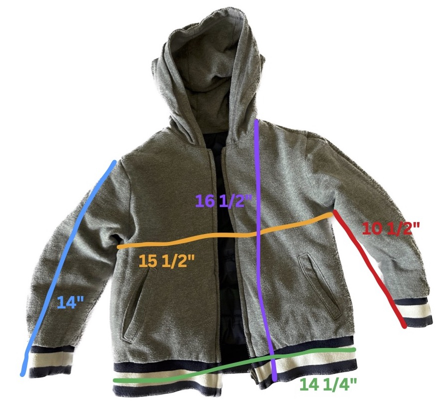 Measurements of the GAP puffer jacket for little kids / toddlers size 5 5t for five year olds.