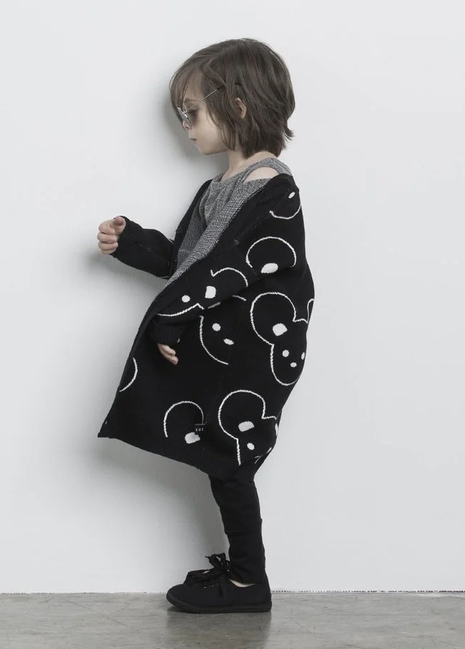Huxbaby Oversize Loose Baggy Button Front Cardigan Sweater Coat for Kids and Toddlers with a white Mickey Mouse Inspired Print on Black