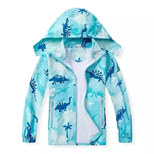 IjnUhb Waterproof Hooded Jacket for Boys Girls,Kids Raincoats Outdoor Windbreaker Dinosaur Rain Jacket(Cyan Dino,6-7 Years)