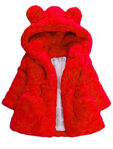 Mallimoda Girls Winter Warm Coats Ear Hooded Faux Fur Fleece Jacket Red 5-6 Years