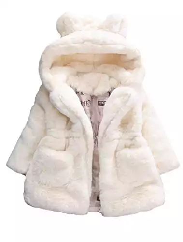 Mallimoda Girls Winter Warm Coats Ear Hooded Faux Fur Fleece Jacket White 5-6 Years