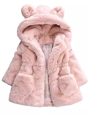 Mallimoda Girls Winter Warm Coats Ear Hooded Faux Fur Fleece Jacket Pink 5-6 Years