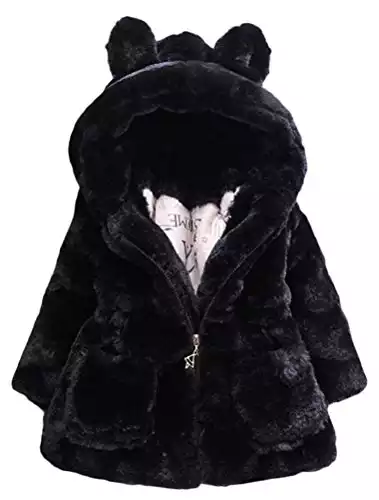 Mallimoda Girls Winter Warm Coats Ear Hooded Faux Fur Fleece Jacket Black 5-6 Years