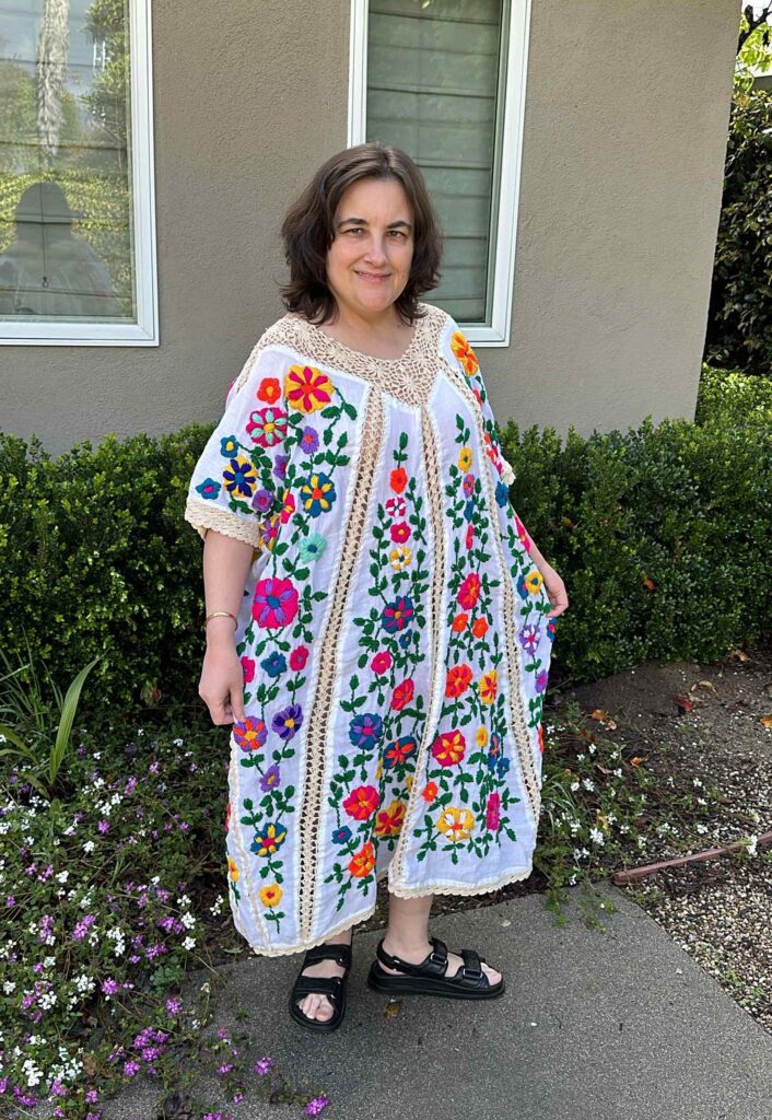Free People x MOMO NYC hand crafted Bella Flor Floral Embroidered Flowers Kaftan Oversize Dress with Crochet Accents Petite Friendly Perfect for Petites with Curves