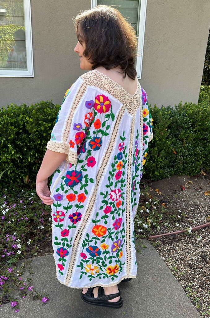 Free People Embroidered Bella Flor Kaftan from MOMO New York Back View with Crochet Neckline, styled with the Chanel Dad Sandals