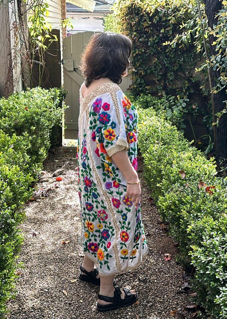 Free People Exclusive x MOMO New York Bella Flor Embroidered Flower Colorful Kaftan Dress with Crochet Detail Back and Front V-neckline