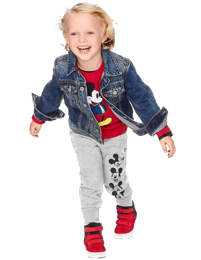 modeling shot of the baby gap mickey mouse disney sweatshirt on a toddler