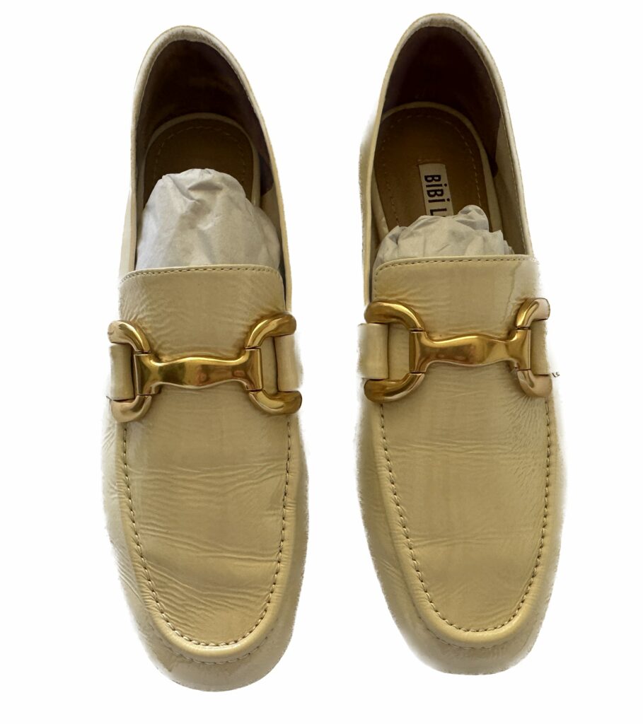 Top view of the Made in Spain Patent leather Cream / off white BIBI LOU Zagreb slip on loafers with horsebit detail