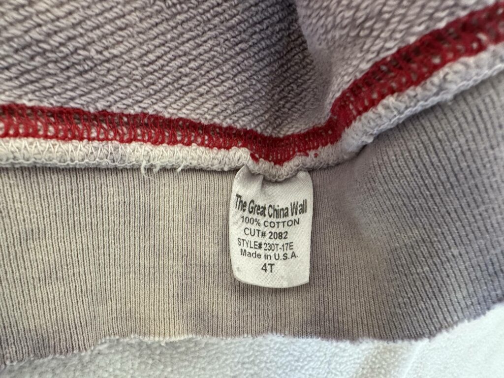 The Great China Wall 100% French Terry Cotton Cut # 2082 Style # 230T-17E Made in the U.S.A. 4T TAG