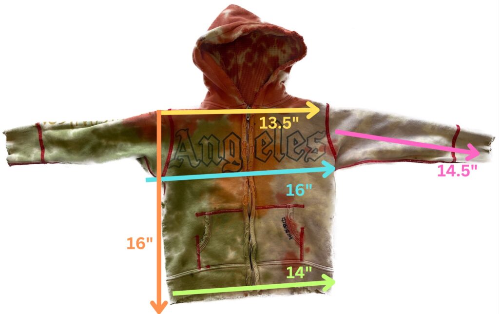 Image of measurements of the great china wall zip front tie dye hoodie for kids / toddlers
