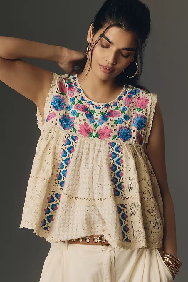 $158 Anthropologie Let Me Be Sleeveless Embroidered Babydoll Blouse in Blue Motif size Women’s Medium